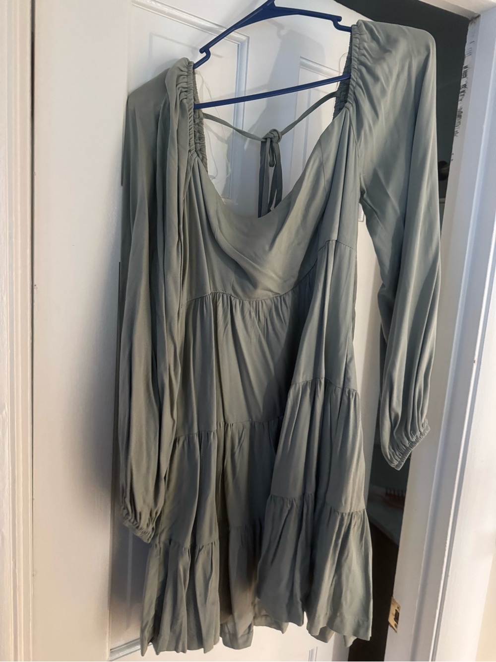 Shinestar Sage Green Tiered Long Sleeve Dress with Back Tie